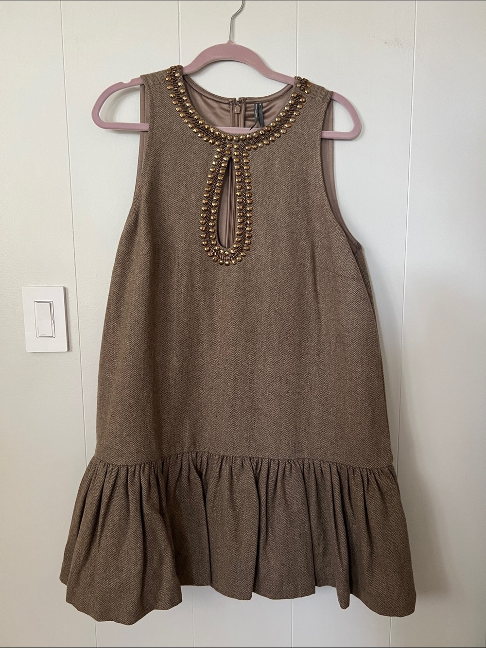 Anthropologie Brown Embellished Drop-Waist Dress